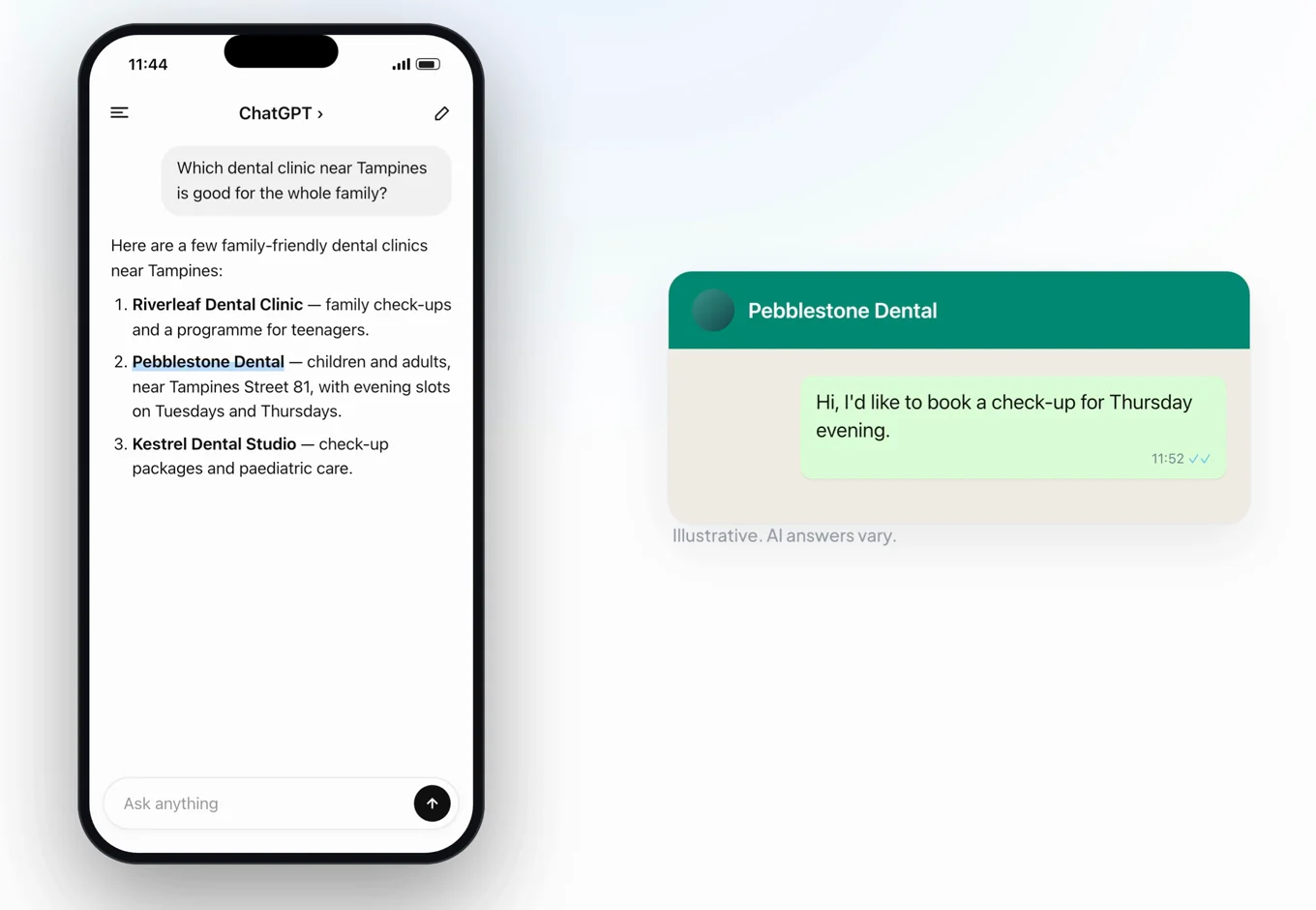 Example AI answer listing Pebblestone Dental second, and a booking message arriving at Pebblestone Dental.