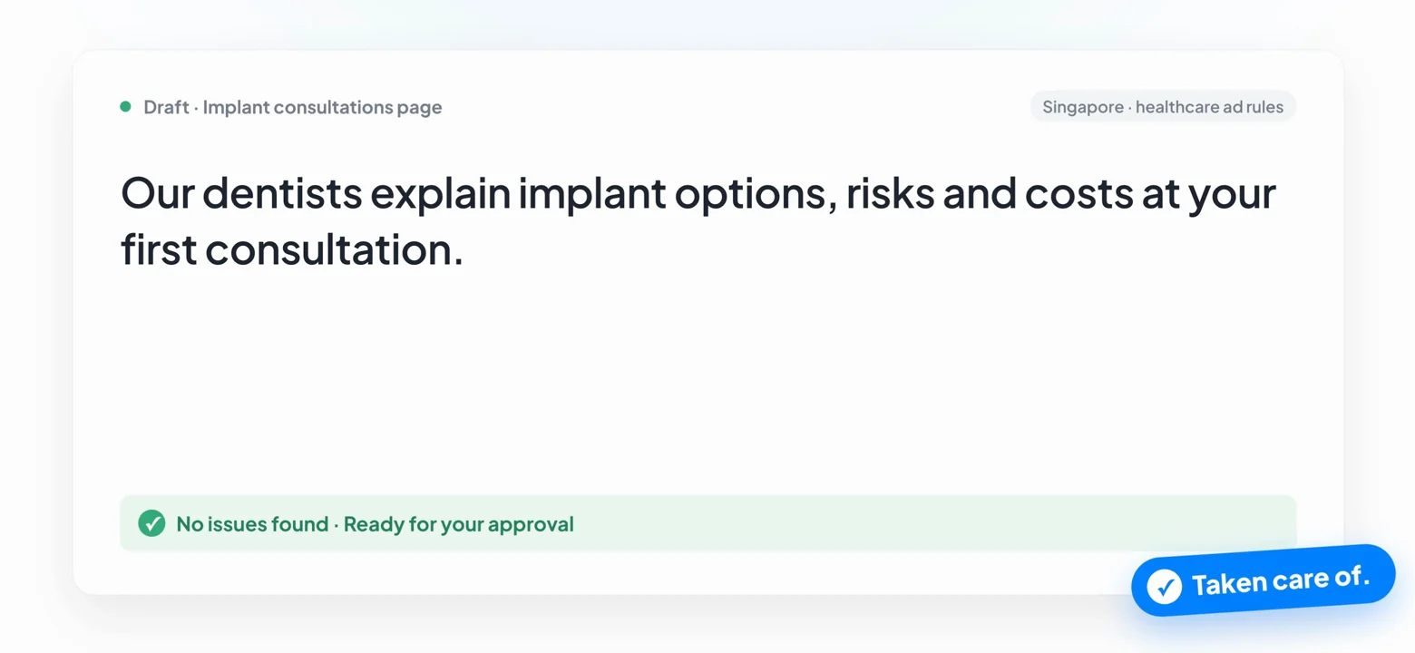 Revised copy: Our dentists explain implant options, risks and costs at your first consultation. No issues found, ready for your approval.