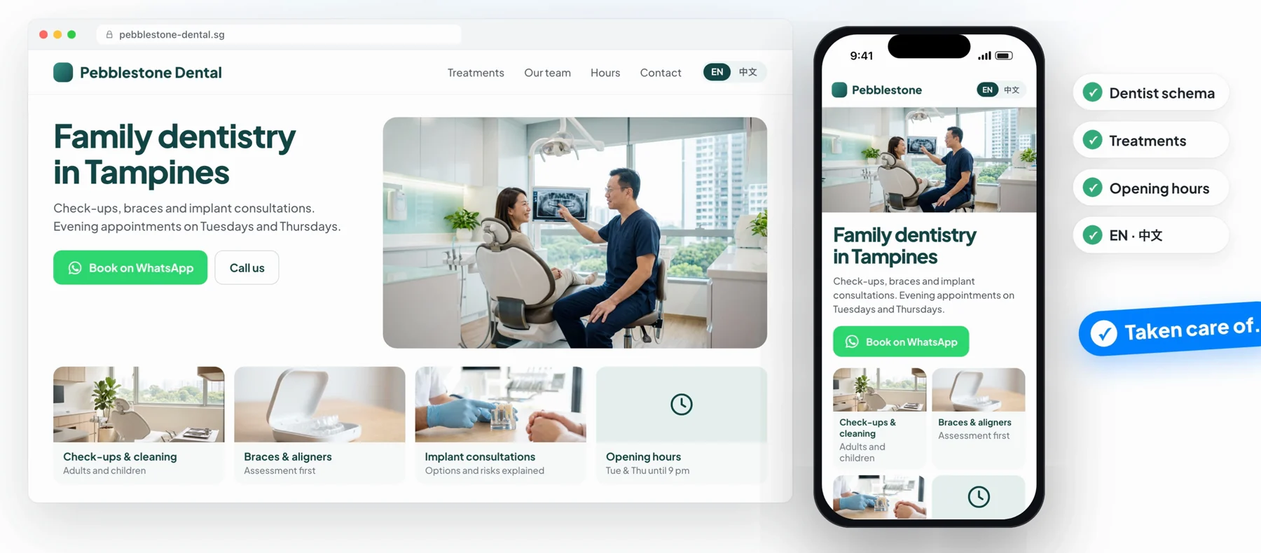 Example Pebblestone Dental website on desktop and mobile, with dentist schema, treatments, opening hours and EN and Chinese versions marked done.
