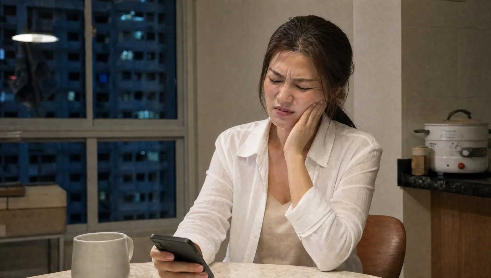 A patient late at night, holding her cheek in pain and looking at her phone