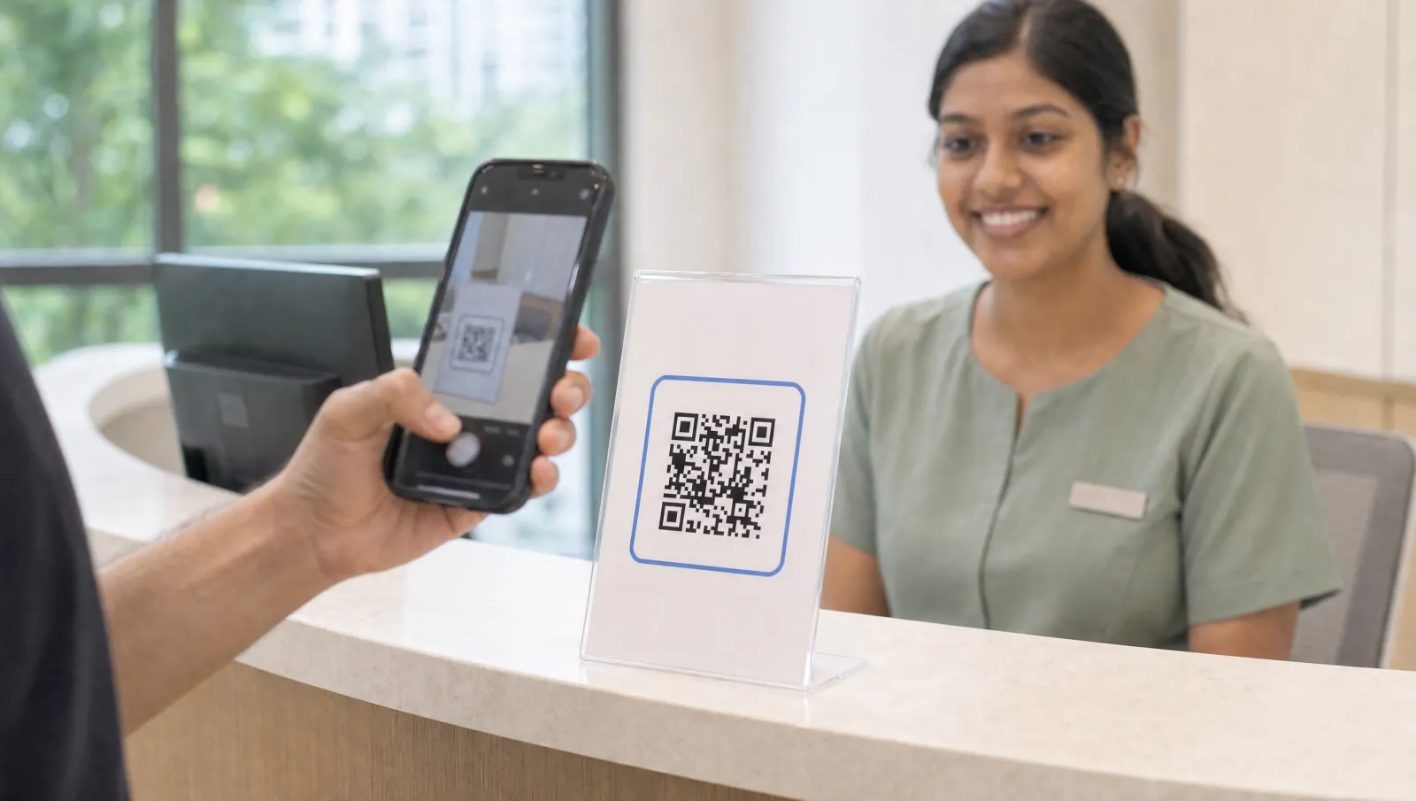 A patient scanning the QR stand at the clinic front desk