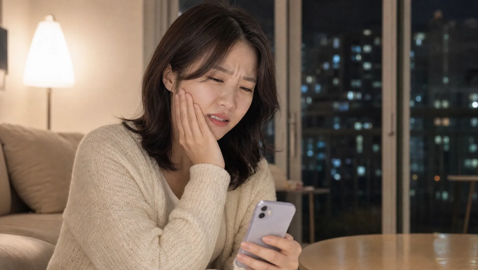 밤늦게 치통으로 볼을 감싼 채 휴대폰을 보는 환자