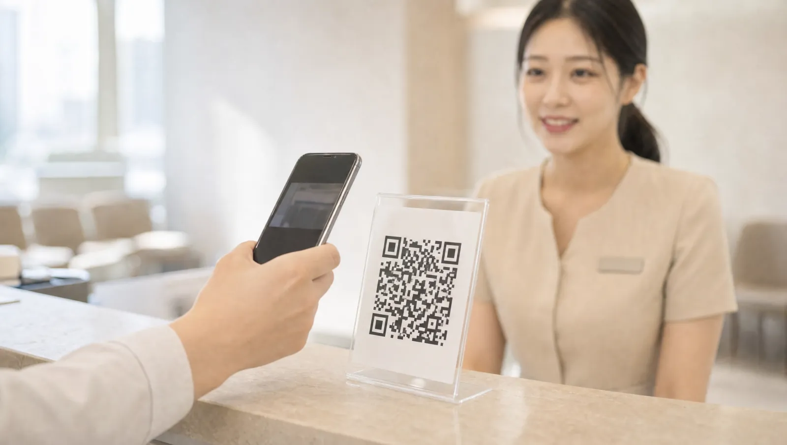 치과 데스크의 QR 스탠드를 휴대폰으로 스캔하는 환자
