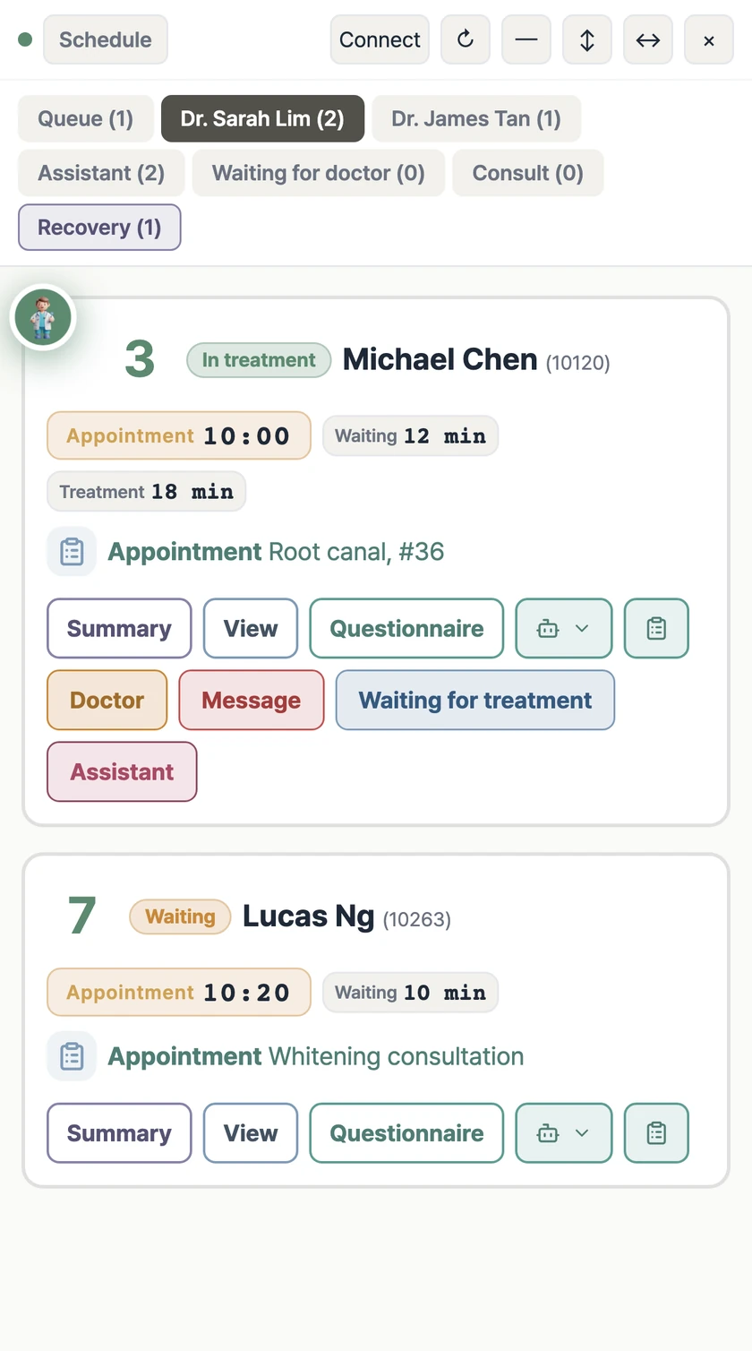 Example chair widget on Dr. Sarah Lim's tab: Michael Chen at Chair 3 in treatment, marked as where the doctor is, and Lucas Ng at Chair 7 waiting, each with appointment time, waiting time and appointment details