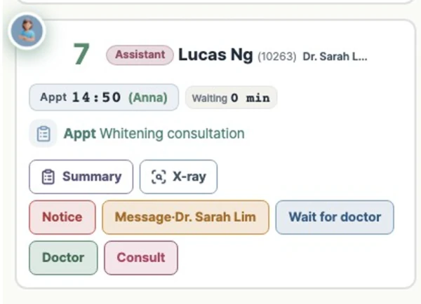 Patient card on the chair widget: Lucas Ng at Chair 7, whitening consultation