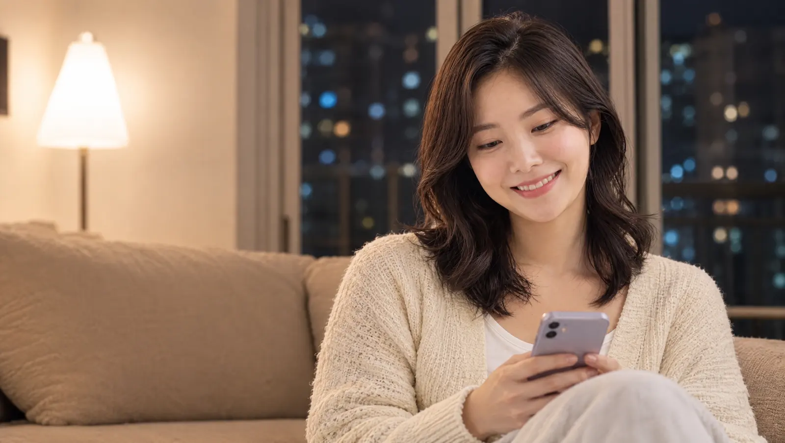 밤에 소파에서 휴대폰으로 진료 기록을 보며 미소 짓는 여성