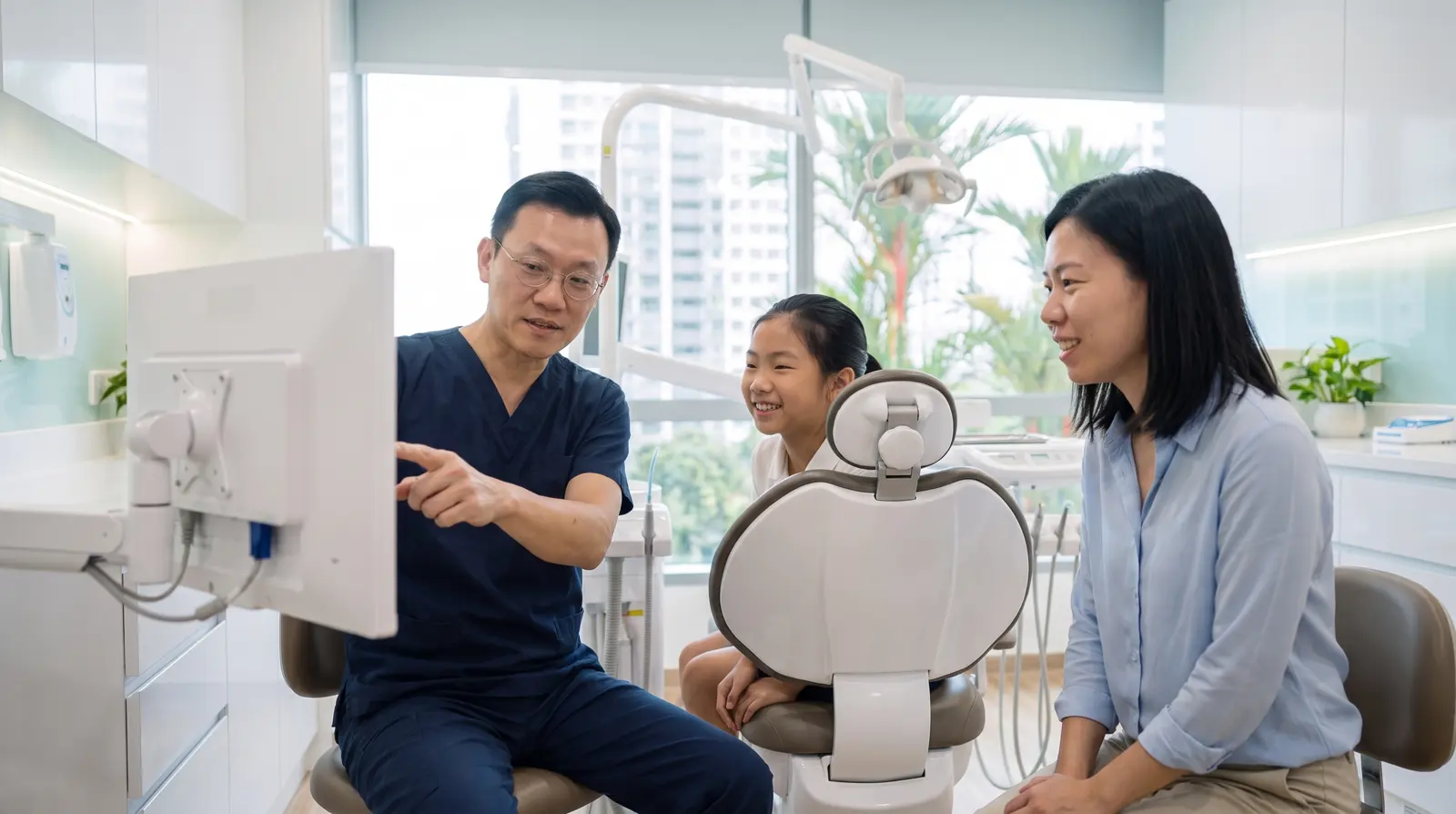 At the chair, the dentist points to the consultation deck on the monitor while the girl and her mother smile