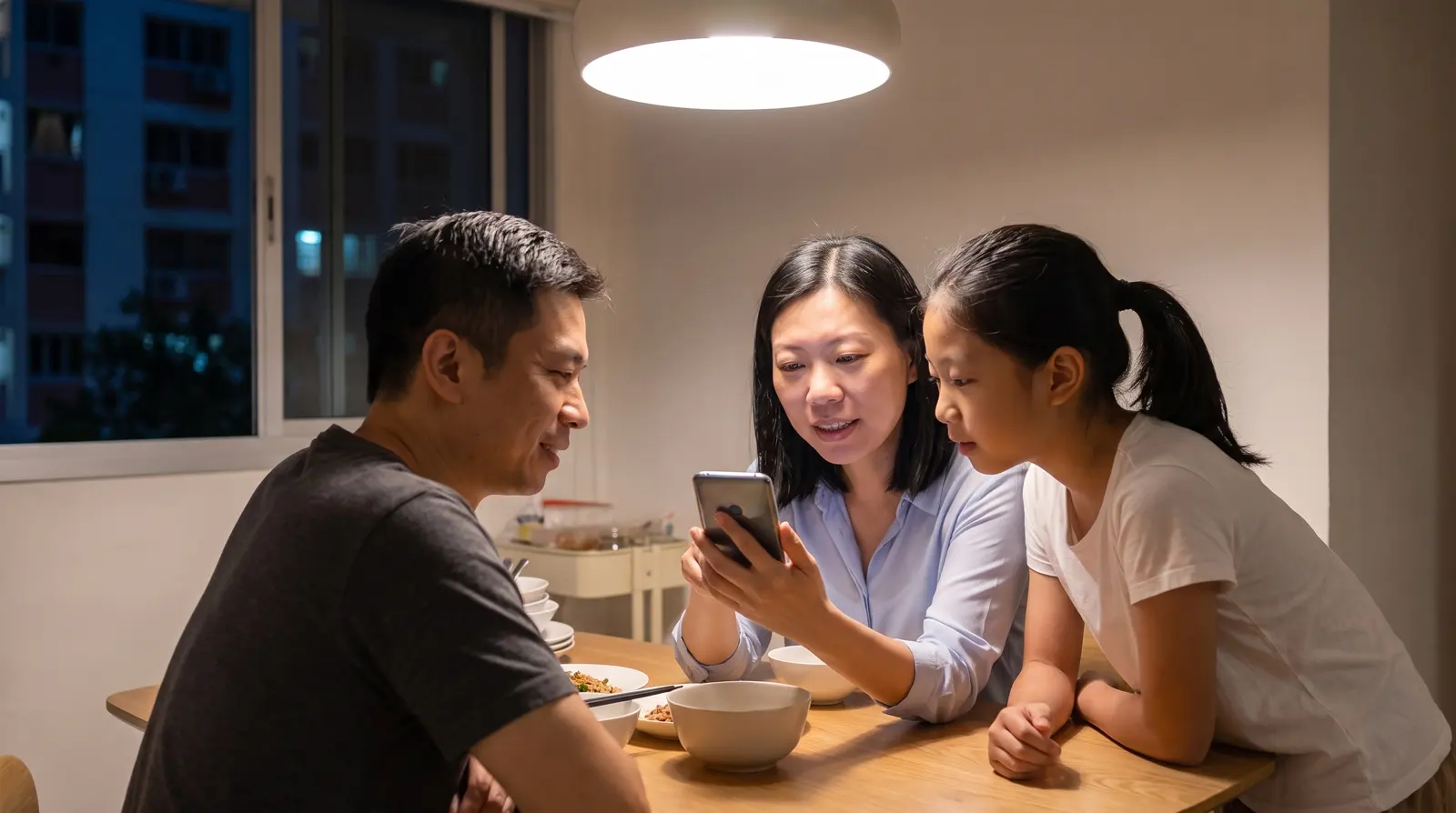 At home in the evening, the family looks at the HomeDen App together on the mother's phone
