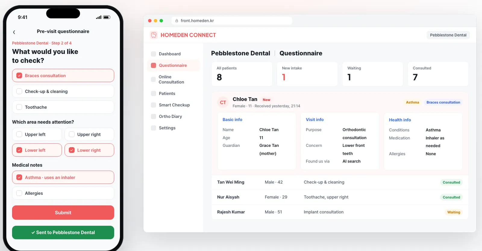 Example: a pre-visit questionnaire on the phone asking what to check and which area needs attention, and the clinic's questionnaire list showing the new patient's visit purpose and health notes