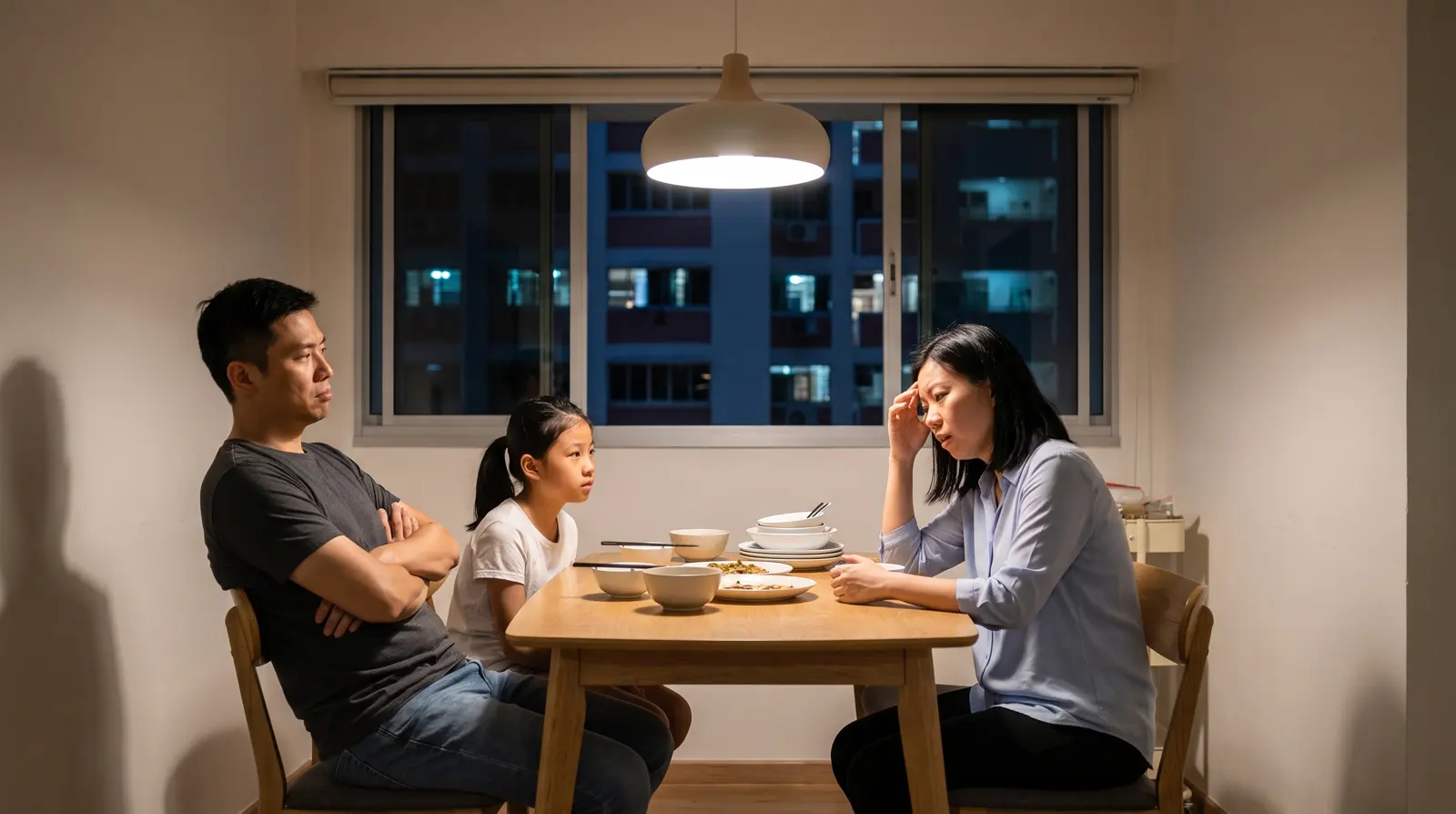 At the dinner table, a mother rests her head in her hand trying to recall the dentist's explanation while her husband sits back, arms crossed
