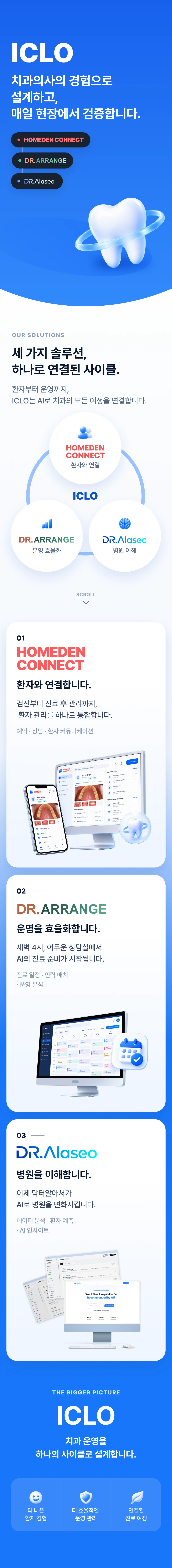 치과용 B2B SaaS 솔루션: HomeDen Connect, Dr.Arrange, Dr.Alaseo