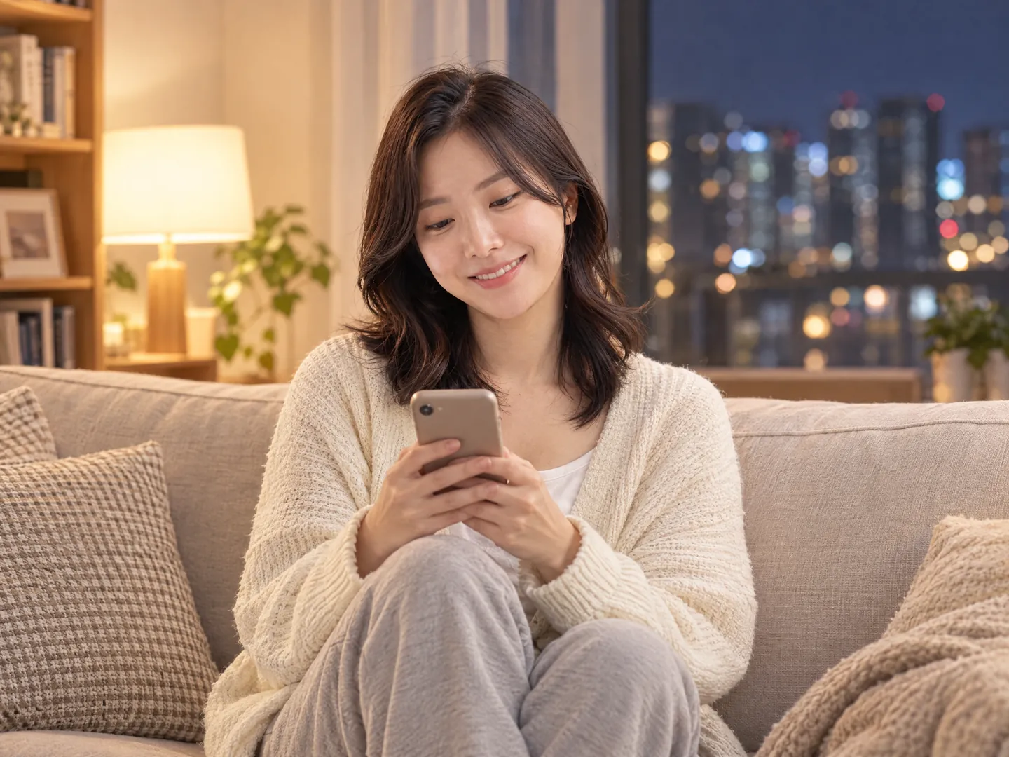 In the evening, a patient on her sofa at home re-reads her clinic's explanation on her phone