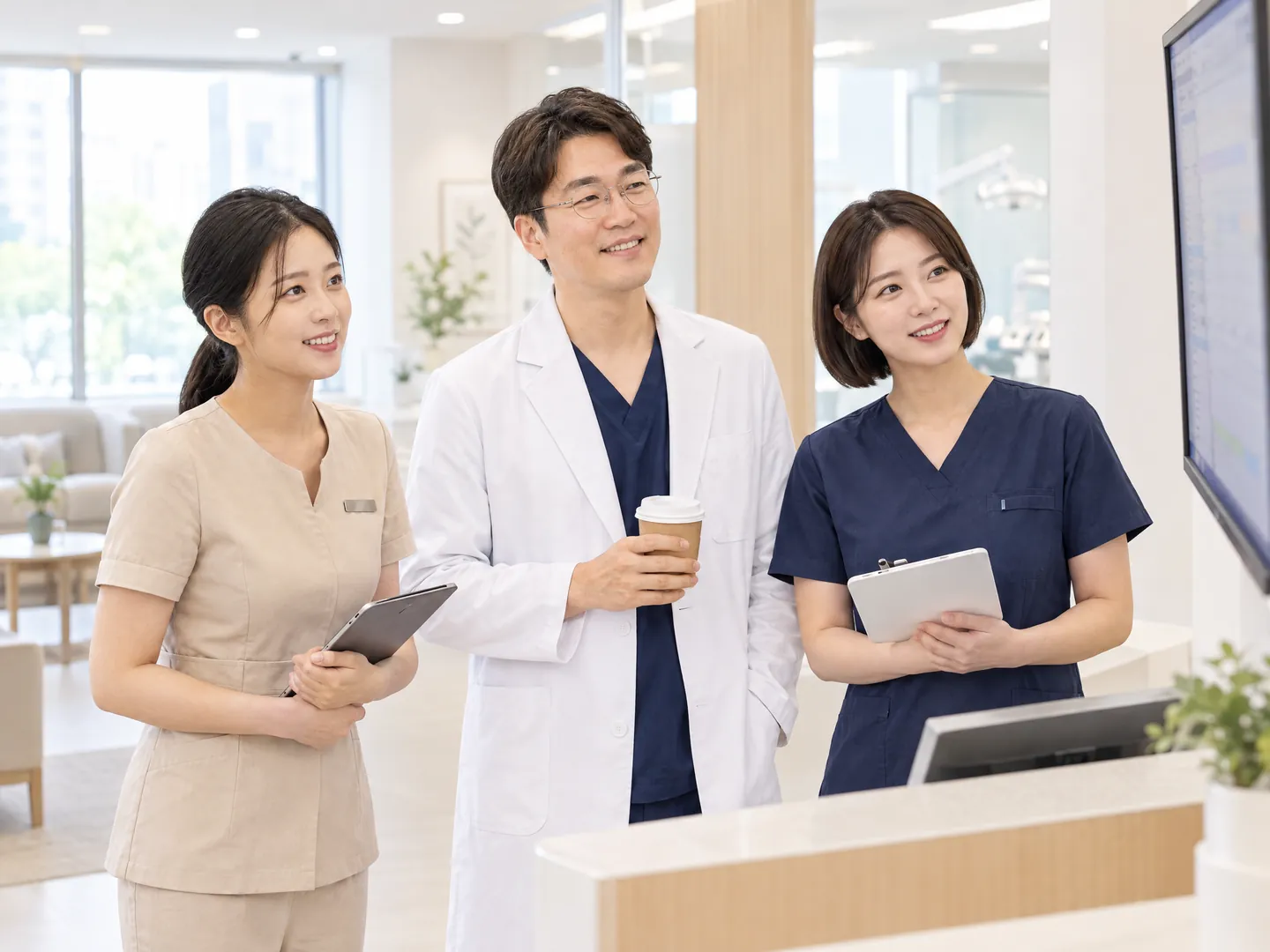 Before the first patient, a dentist and two staff members check today's schedule together on the front-desk monitor